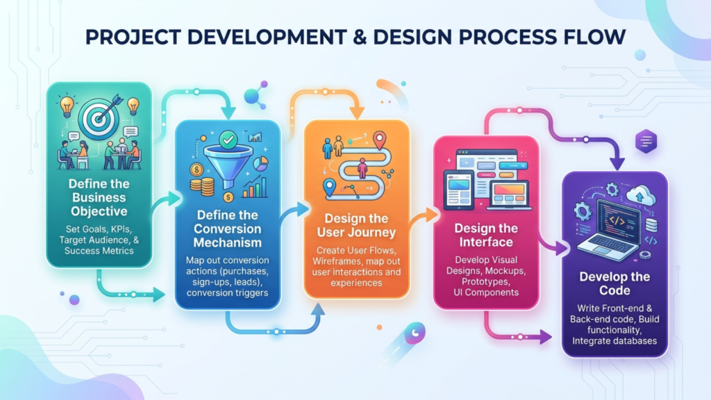 Custom website development process with frontend code, backend architecture, and design system planning.